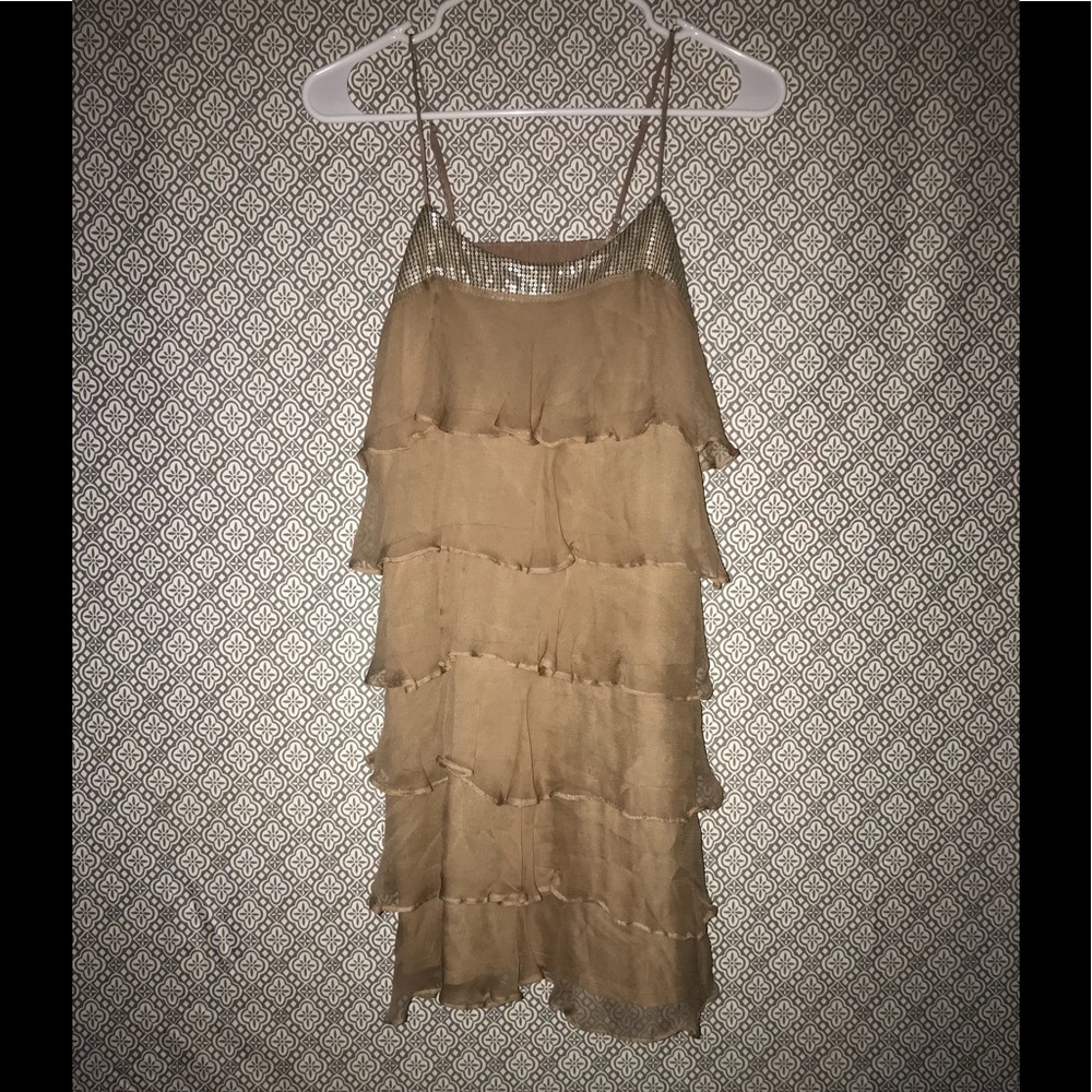 Trinity beige ruffled spaghetti strap dress